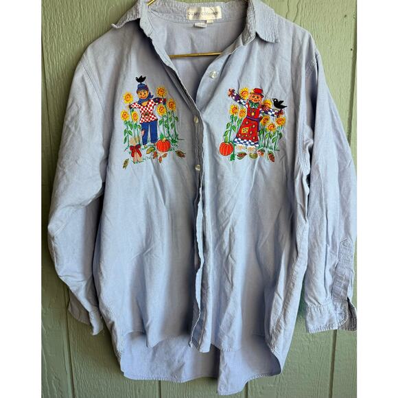 Vintage 90s Fall/Pumpkin Emroidered Chambray Button Up 0X - Picture 2 of 7